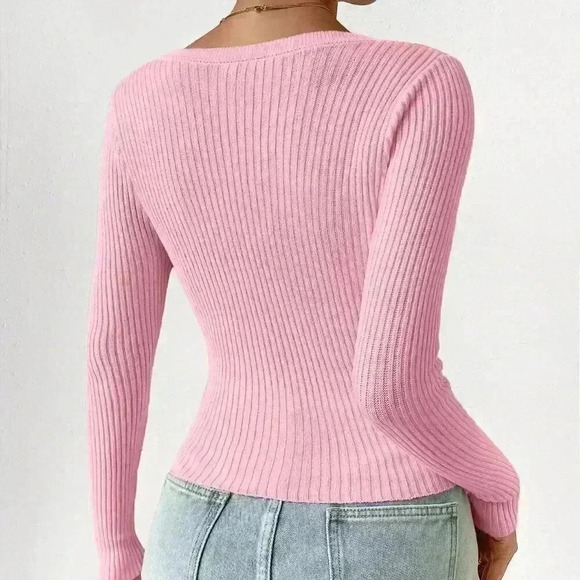 Pink Casual Women's Slim Solid Color Rib Knit Cardigan - Picture 2 of 7